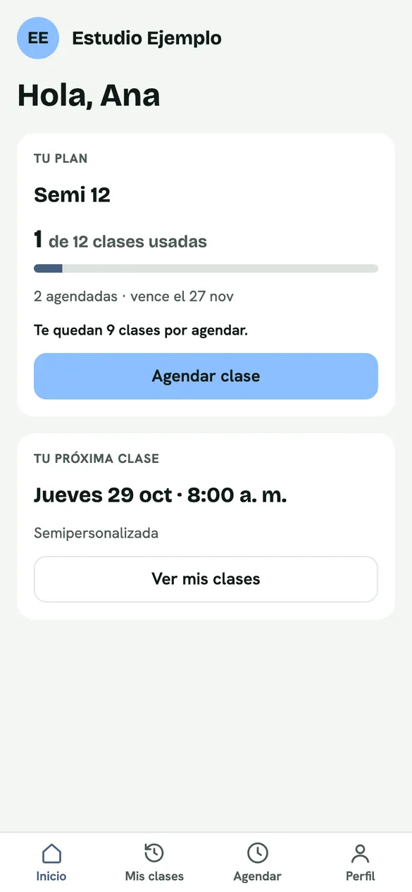 Inicio del alumno: su plan, las clases usadas y su próxima clase