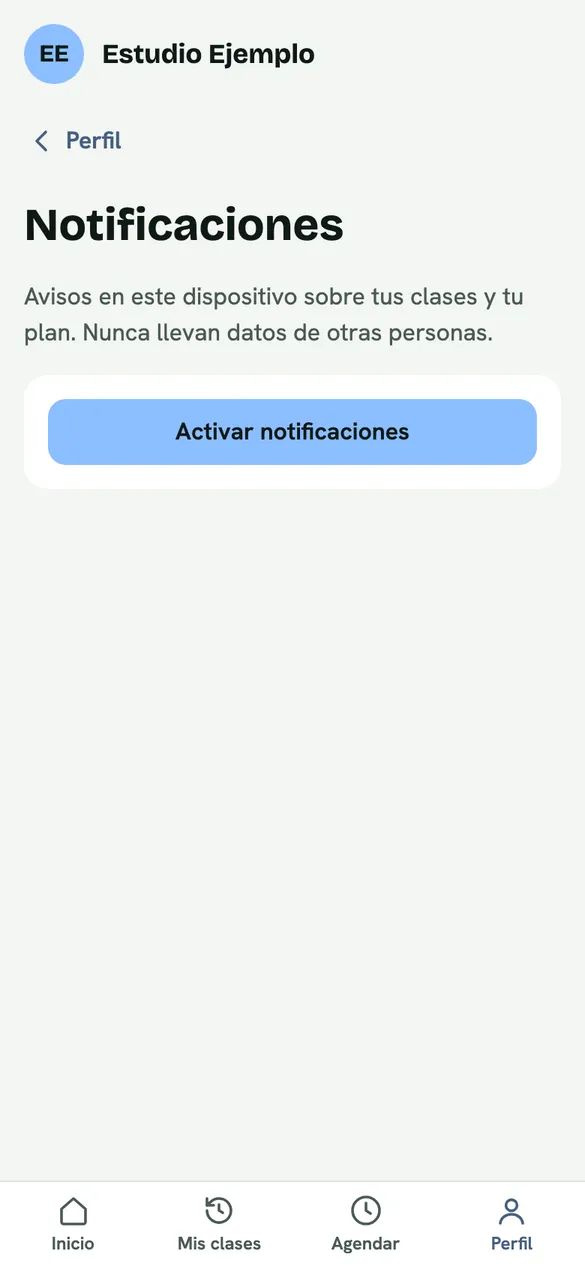 Pantalla «Notificaciones» de la app: el botón «Activar notificaciones» para recibir los avisos de clases y de plan en este dispositivo