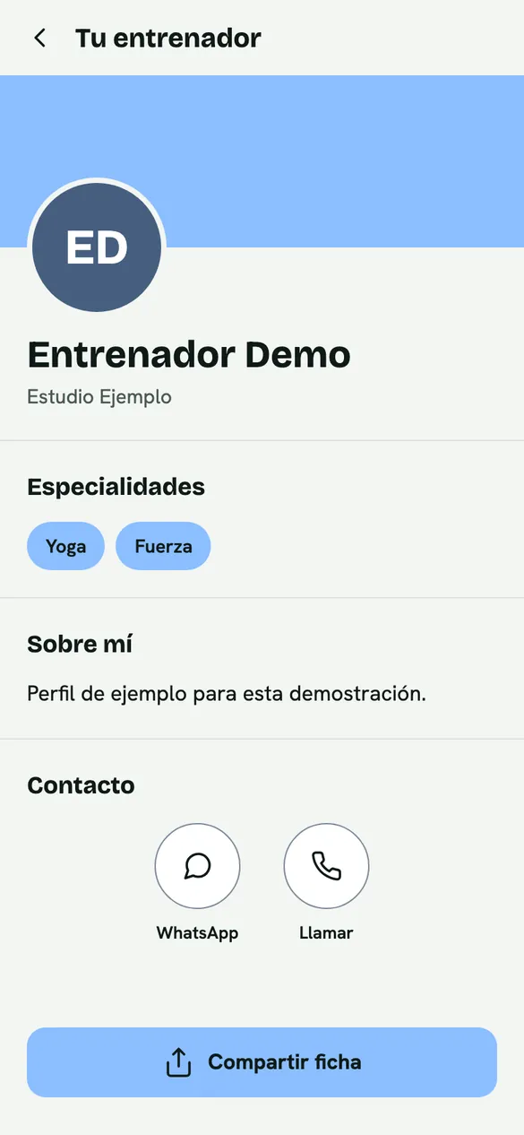 Ficha «Tu entrenador»: nombre, especialidades, presentación y botones para contactar y compartir
