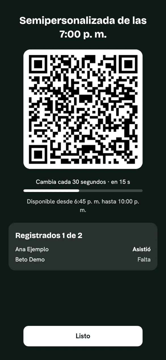 Pantalla del código QR de la clase, que cambia cada 30 segundos, con la lista de quiénes ya registraron su asistencia